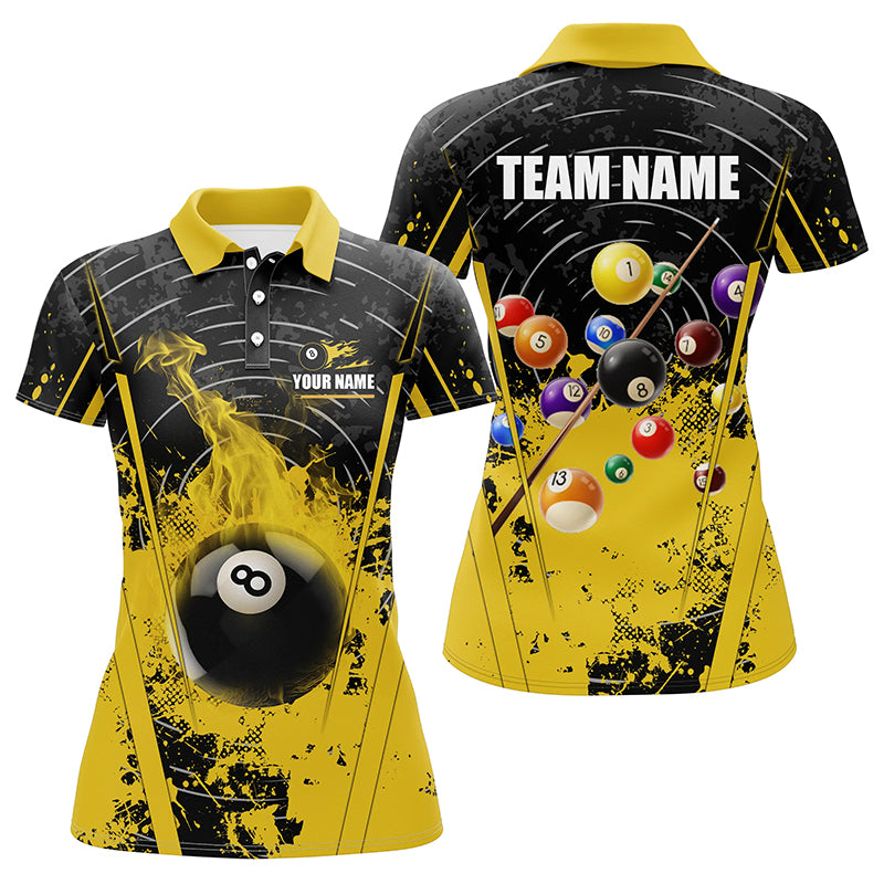 Personalized Black Yellow 8 Ball Pool Flame Paint Women Polo Shirts Custom Billiard Jersey Attire TDM1279