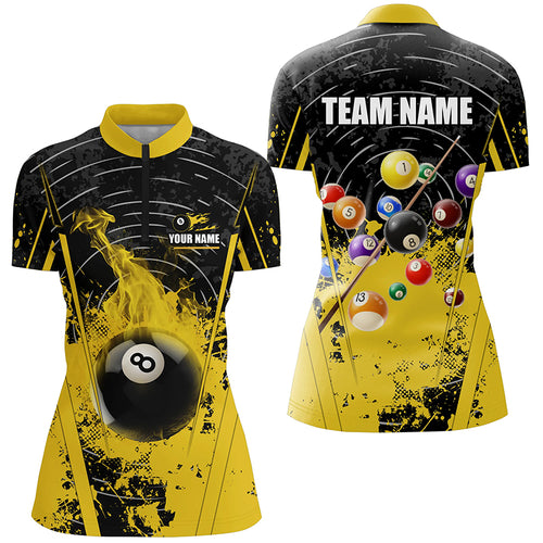 Black Yellow 8 Ball Pool Flame Paint Women Quarter-Zip Shirts Custom Billiard Jersey Attire TDM1279