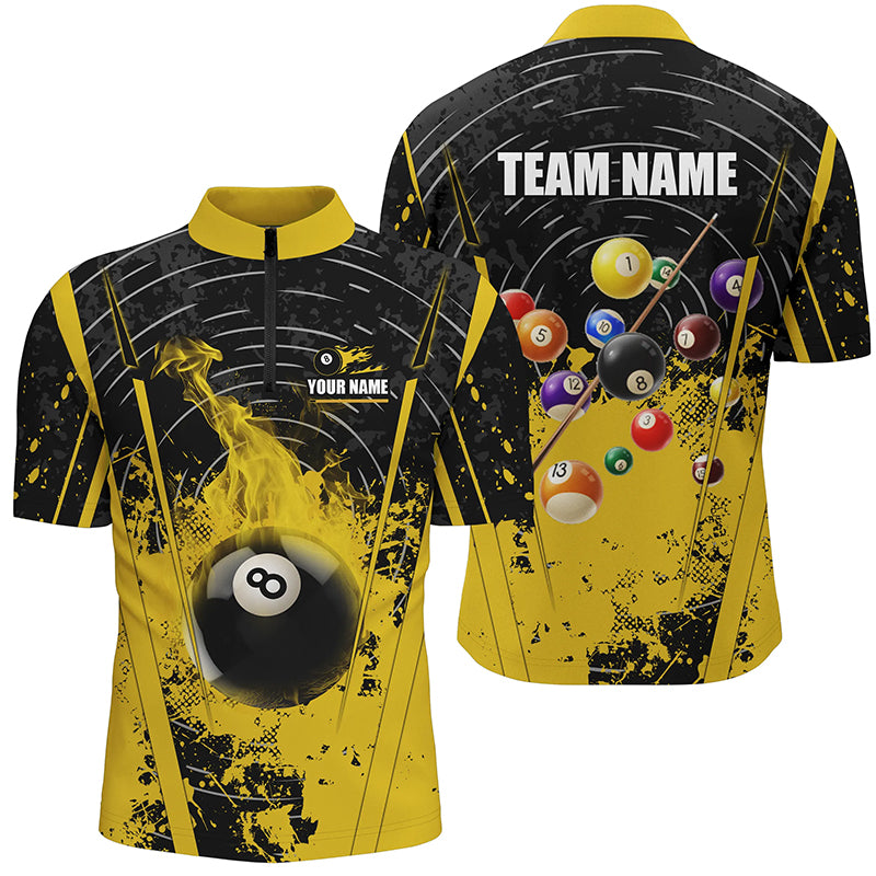 Black Yellow 8 Ball Pool Flame Paint Men Quarter-Zip Shirts Custom Billiard Jersey Attire TDM1279