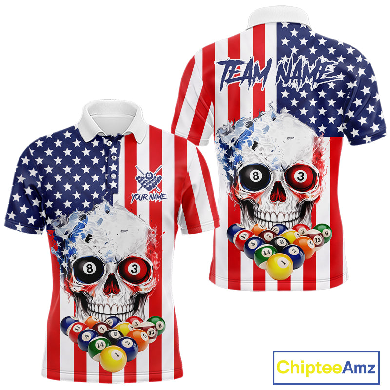 American Flag Grunge Skull Billiard Shirt For Men Custom Patriotic Pool Team Jersey Polo & 1/4 Zip TDM6132