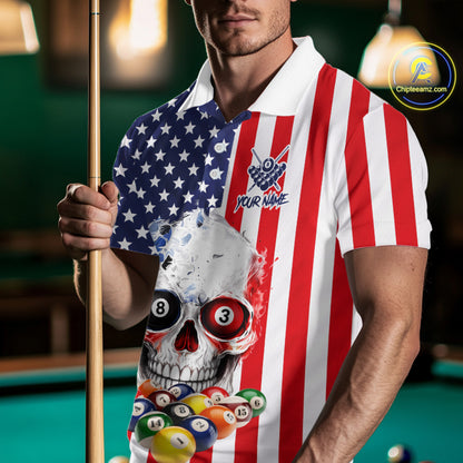 American Flag Grunge Skull Billiard Shirt For Men Custom Patriotic Pool Team Jersey Polo & 1/4 Zip TDM6132