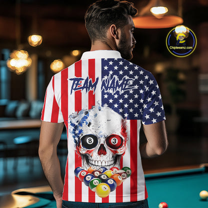 American Flag Grunge Skull Billiard Shirt For Men Custom Patriotic Pool Team Jersey Polo & 1/4 Zip TDM6132