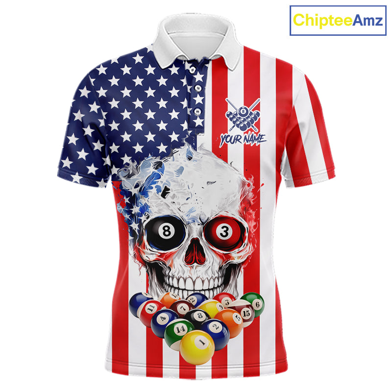 American Flag Grunge Skull Billiard Shirt For Men Custom Patriotic Pool Team Jersey Polo & 1/4 Zip TDM6132