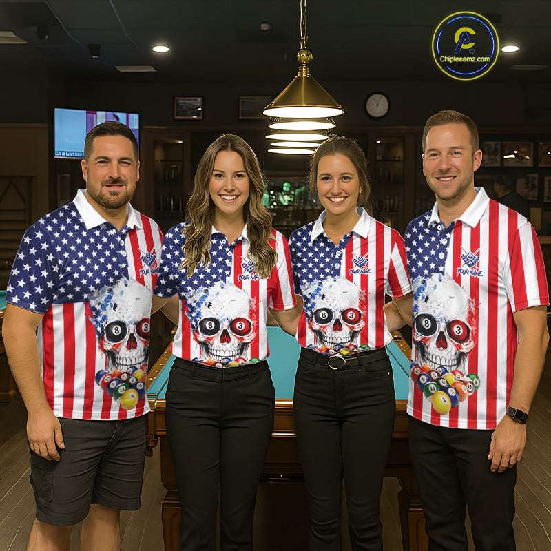 American Flag Grunge Skull Billiard Shirt For Women Custom Patriotic Pool Team Jersey Polo & 1/4 Zip TDM6132