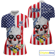 Load image into Gallery viewer, American Flag Grunge Skull Billiard Shirt For Women Custom Patriotic Pool Team Jersey Polo &amp; 1/4 Zip TDM6132