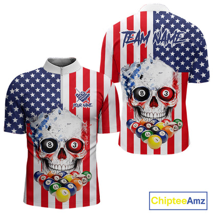 American Flag Grunge Skull Billiard Shirt For Men Custom Patriotic Pool Team Jersey Polo & 1/4 Zip TDM6132
