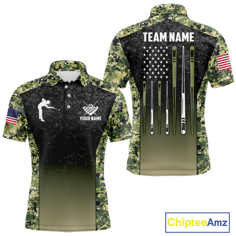 Custom Green Camo US Flag 8 Ball Pool Shirt For Men, Billiard Team Jersey Polo & 1/4 Zip TDM6138