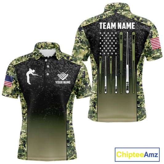 Custom Green Camo US Flag 8 Ball Pool Shirt For Men, Billiard Team Jersey Polo & 1/4 Zip TDM6138