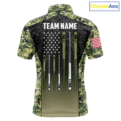 Custom Green Camo US Flag 8 Ball Pool Shirt For Men, Billiard Team Jersey Polo & 1/4 Zip TDM6138