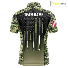 Load image into Gallery viewer, Custom Green Camo US Flag 8 Ball Pool Shirt For Men, Billiard Team Jersey Polo &amp; 1/4 Zip TDM6138