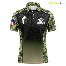 Load image into Gallery viewer, Custom Green Camo US Flag 8 Ball Pool Shirt For Men, Billiard Team Jersey Polo &amp; 1/4 Zip TDM6138