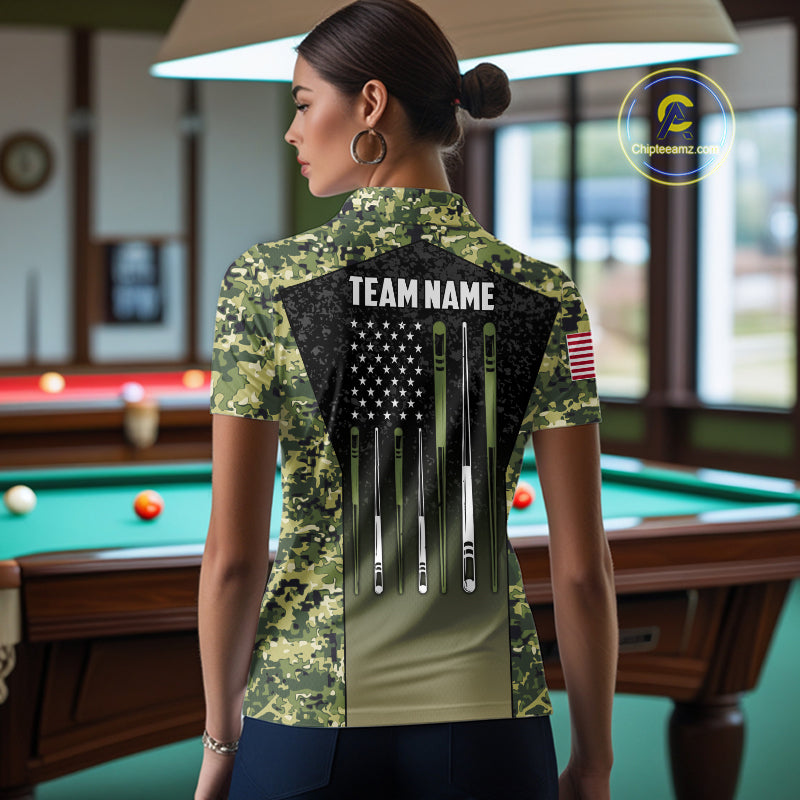 Custom Green Camo US Flag 8 Ball Pool Shirt For Women, Billiard Team Jersey Polo & 1/4 Zip TDM6138