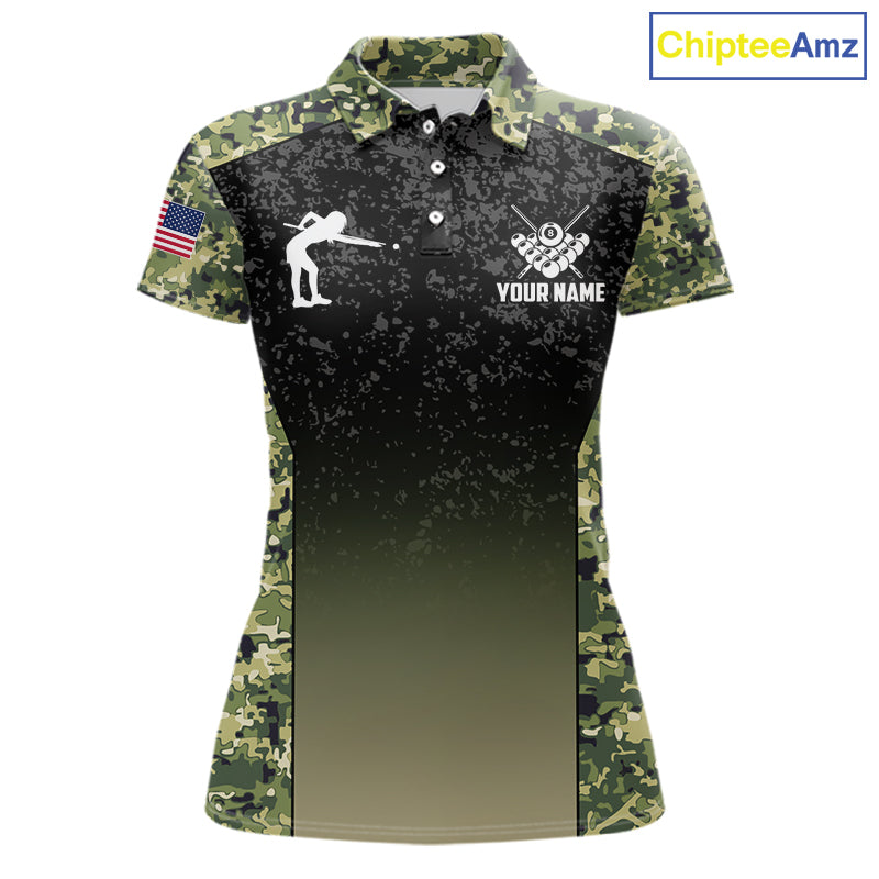 Custom Green Camo US Flag 8 Ball Pool Shirt For Women, Billiard Team Jersey Polo & 1/4 Zip TDM6138