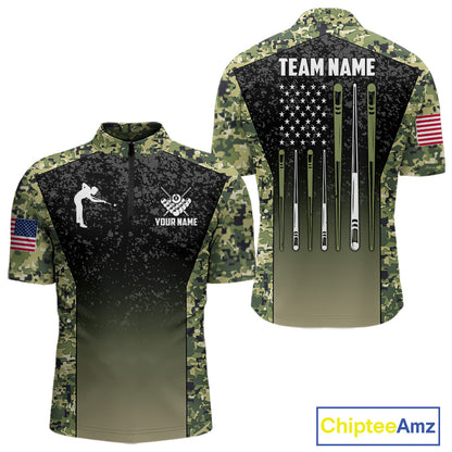 Custom Green Camo US Flag 8 Ball Pool Shirt For Men, Billiard Team Jersey Polo & 1/4 Zip TDM6138