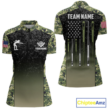 Custom Green Camo US Flag 8 Ball Pool Shirt For Women, Billiard Team Jersey Polo & 1/4 Zip TDM6138
