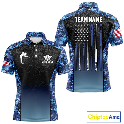 Custom Blue Camo US Flag 8 Ball Pool Shirt For Men, Billiard Team Jersey Polo & 1/4 Zip TDM6139