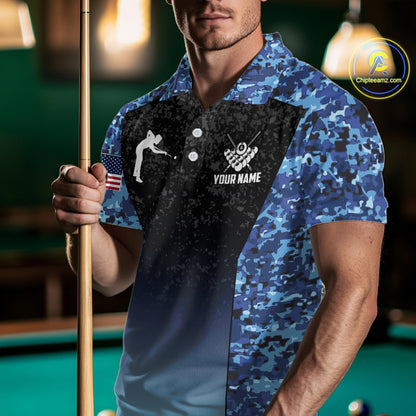 Custom Blue Camo US Flag 8 Ball Pool Shirt For Men, Billiard Team Jersey Polo & 1/4 Zip TDM6139