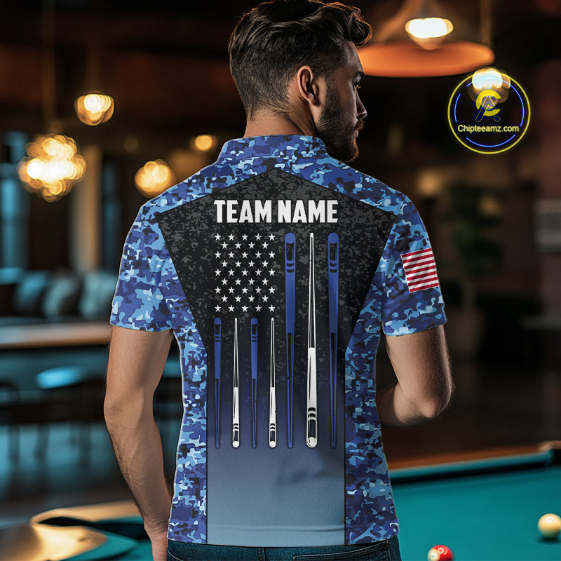 Custom Blue Camo US Flag 8 Ball Pool Shirt For Men, Billiard Team Jersey Polo & 1/4 Zip TDM6139