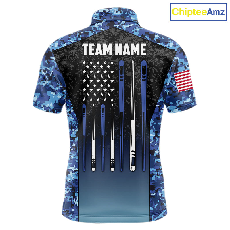 Custom Blue Camo US Flag 8 Ball Pool Shirt For Men, Billiard Team Jersey Polo & 1/4 Zip TDM6139