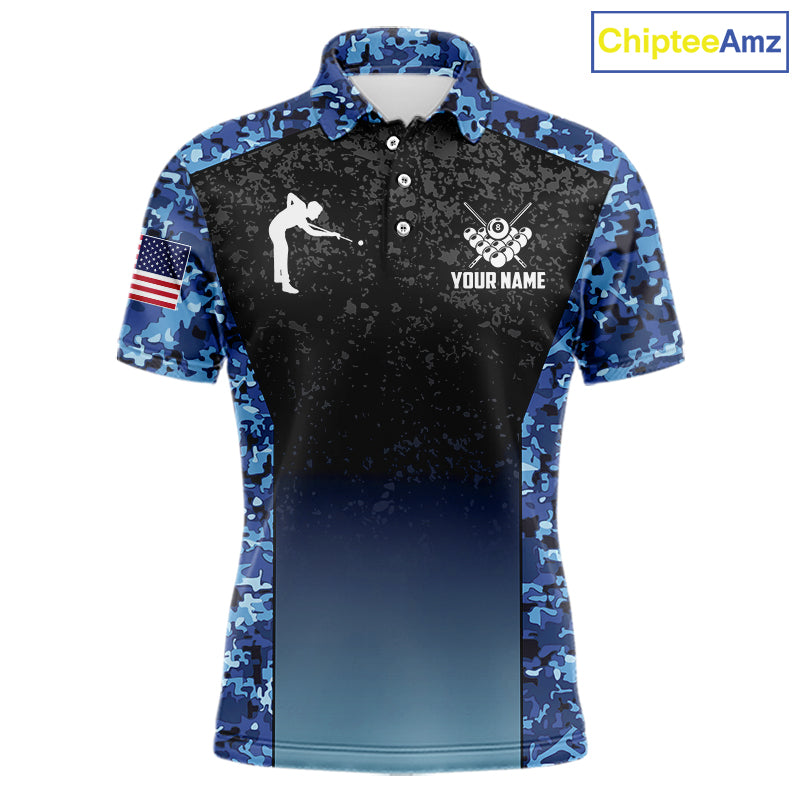 Custom Blue Camo US Flag 8 Ball Pool Shirt For Men, Billiard Team Jersey Polo & 1/4 Zip TDM6139