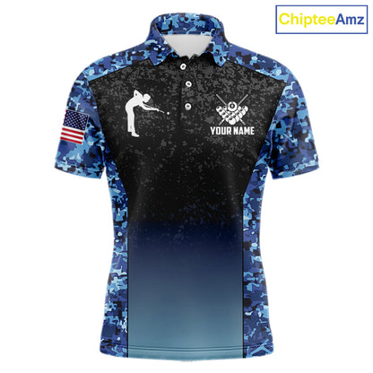 Custom Blue Camo US Flag 8 Ball Pool Shirt For Men, Billiard Team Jersey Polo & 1/4 Zip TDM6139