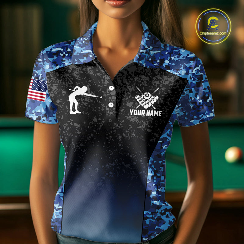 Custom Blue Camo US Flag 8 Ball Pool Shirt For Women, Billiard Team Jersey Polo & 1/4 Zip TDM6139