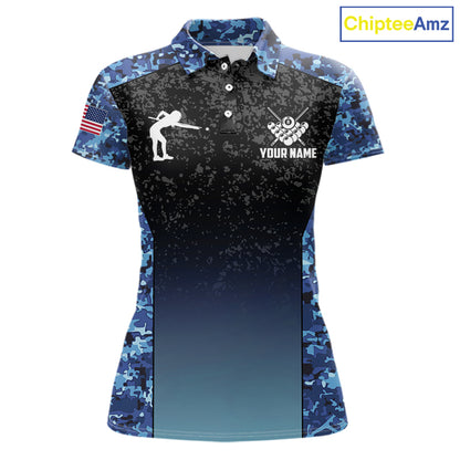 Custom Blue Camo US Flag 8 Ball Pool Shirt For Women, Billiard Team Jersey Polo & 1/4 Zip TDM6139