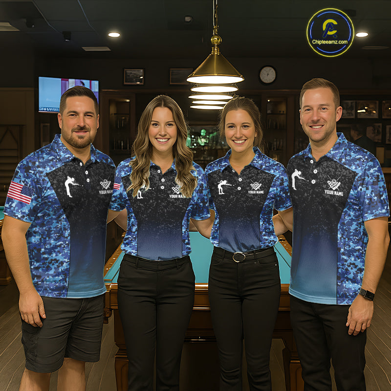 Custom Blue Camo US Flag 8 Ball Pool Shirt For Women, Billiard Team Jersey Polo & 1/4 Zip TDM6139