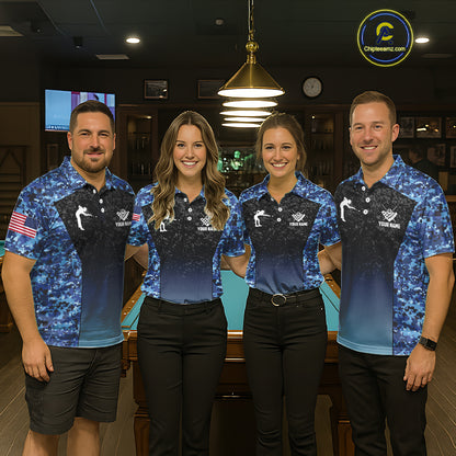 Custom Blue Camo US Flag 8 Ball Pool Shirt For Women, Billiard Team Jersey Polo & 1/4 Zip TDM6139