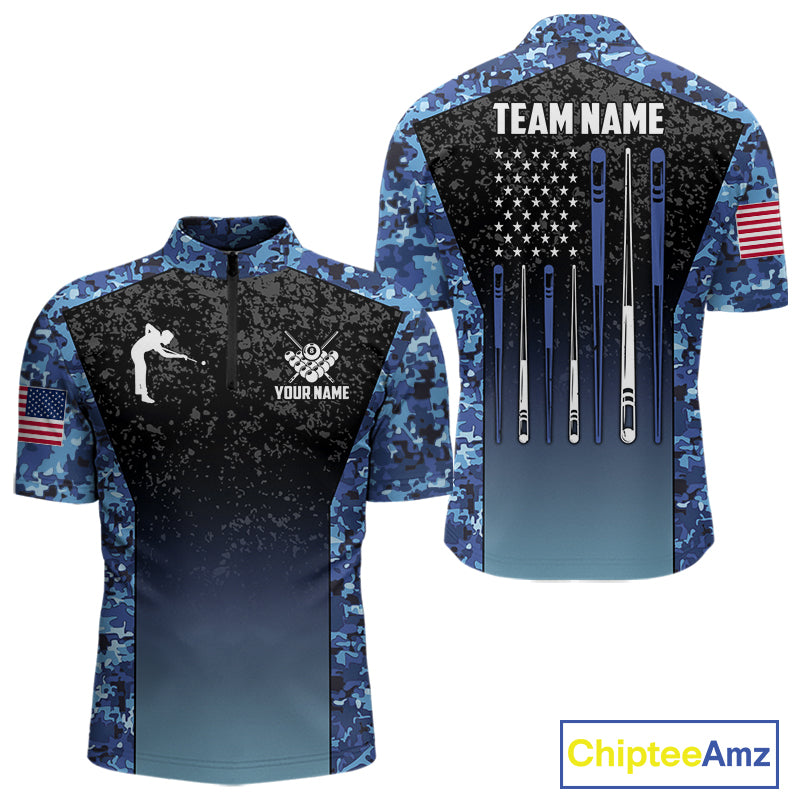 Custom Blue Camo US Flag 8 Ball Pool Shirt For Men, Billiard Team Jersey Polo & 1/4 Zip TDM6139