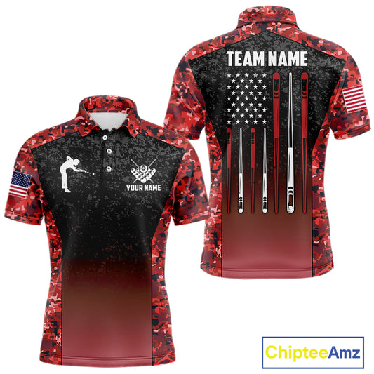 Custom Red Camo US Flag 8 Ball Pool Shirt For Men, Billiard Team Jersey Polo & 1/4 Zip TDM6140