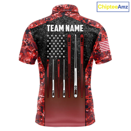 Custom Red Camo US Flag 8 Ball Pool Shirt For Men, Billiard Team Jersey Polo & 1/4 Zip TDM6140