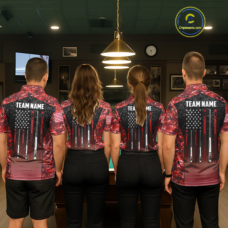Custom Red Camo US Flag 8 Ball Pool Shirt For Women, Billiard Team Jersey Polo & 1/4 Zip TDM6140