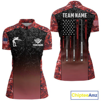 Custom Red Camo US Flag 8 Ball Pool Shirt For Women, Billiard Team Jersey Polo & 1/4 Zip TDM6140