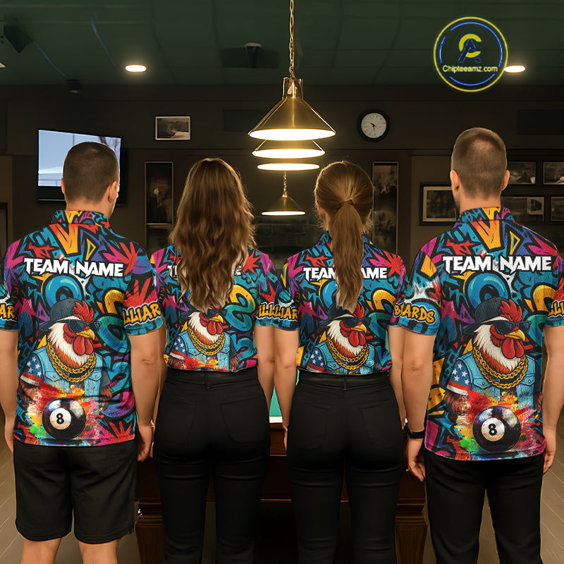 Funny Rooster Colorful Graffiti 8 Ball Billiard Shirt For Men Custom Pool Jersey Polo & 1/4 Zip TDM6368