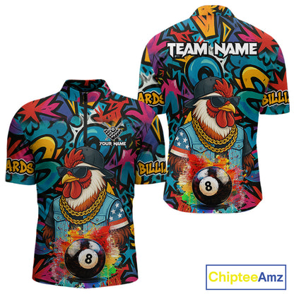 Funny Rooster Colorful Graffiti 8 Ball Billiard Shirt For Men Custom Pool Jersey Polo & 1/4 Zip TDM6368