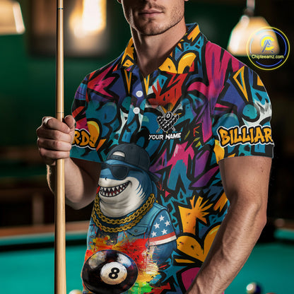 Funny Shark Colorful Graffiti 8 Ball Billiard Shirt For Men Custom Pool Jersey Polo & 1/4 Zip TDM6369