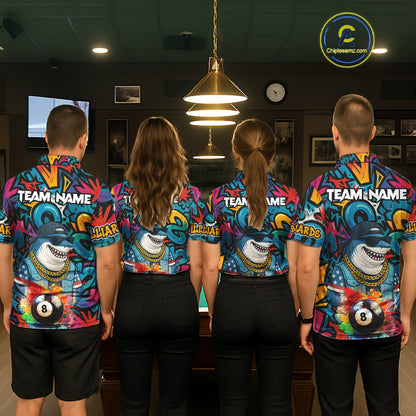 Funny Shark Colorful Graffiti 8 Ball Billiard Shirt For Men Custom Pool Jersey Polo & 1/4 Zip TDM6369