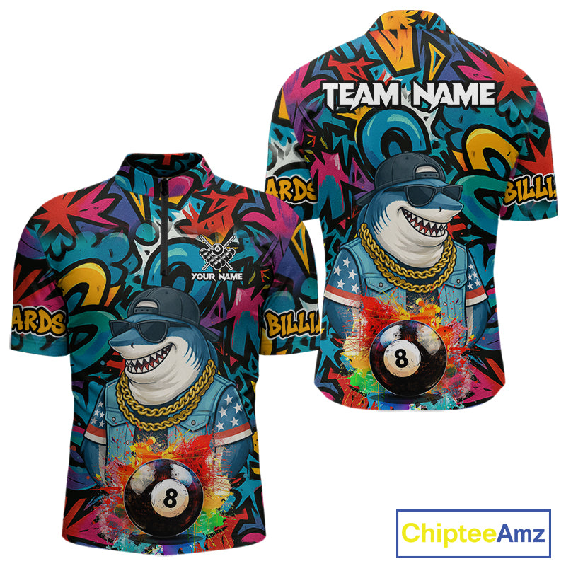 Funny Shark Colorful Graffiti 8 Ball Billiard Shirt For Men Custom Pool Jersey Polo & 1/4 Zip TDM6369