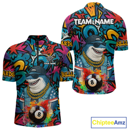 Funny Shark Colorful Graffiti 8 Ball Billiard Shirt For Men Custom Pool Jersey Polo & 1/4 Zip TDM6369