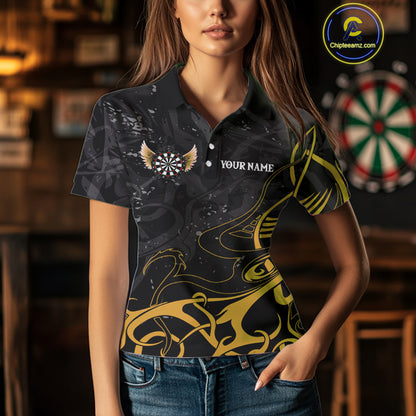 Yellow Black Custom Wings Darts Shirts For Women, Darts Jersey Pocket Option TDM4042