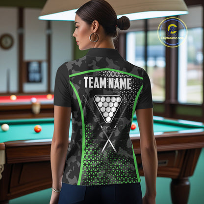 Black And Green 8 Ball Pool Billiard Shirt For Women Custom Camo Billiard Team Jersey Polo & 1/4 Zip TDM6568