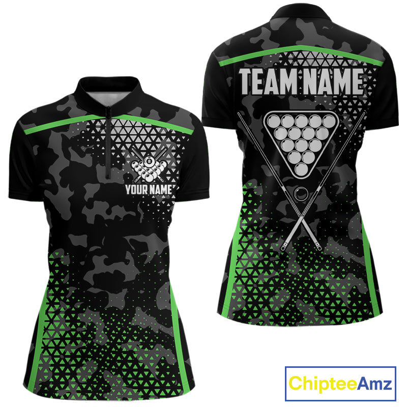 Black And Green 8 Ball Pool Billiard Shirt For Women Custom Camo Billiard Team Jersey Polo & 1/4 Zip TDM6568