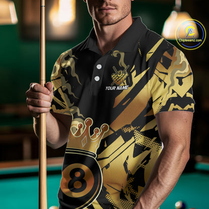 Personalized Golden 8 Ball Crown Billiard Shirt For Men, Pool King Team Jerseys Polo & 1/4 Zip TDM4236