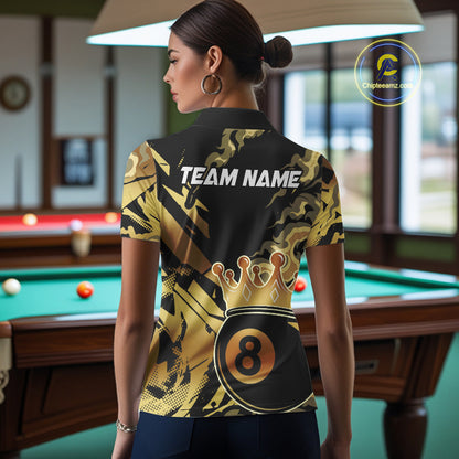 Personalized Golden 8 Ball Crown Billiard Shirt For Women, Pool King Team Jerseys Polo & 1/4 Zip TDM4236