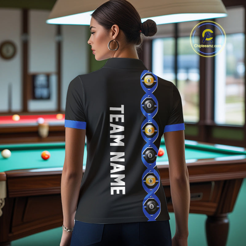DNA Billiard 8 Ball & 9 Ball Shirts For Women Custom Funny Pool Jerseys Team Polo & 1/4 Zip |Blue TDM4391