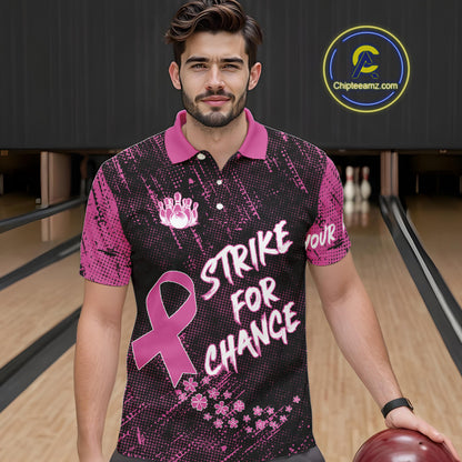 Strike For Change Pink Ribbon Custom Bowling Shirt For Men, Breast Cancer Awareness Bowling Jersey TDM4635