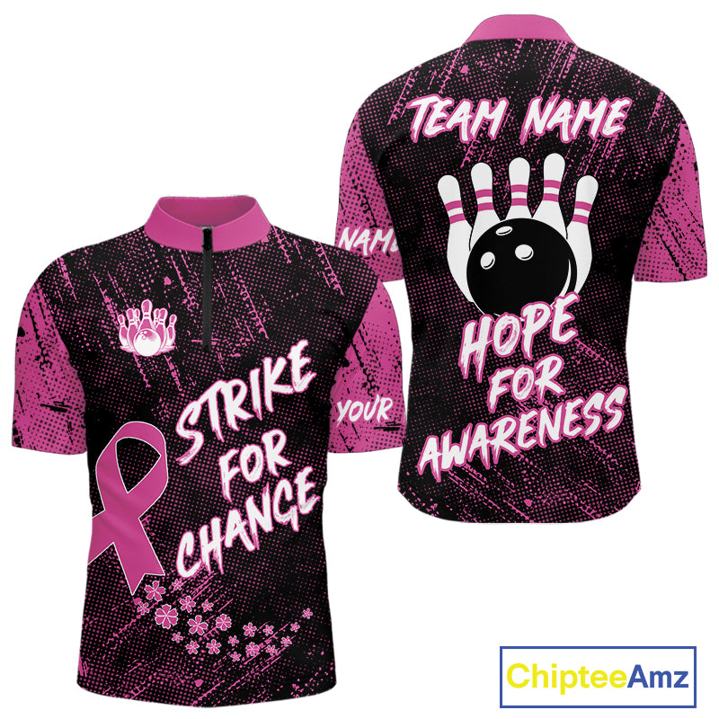 Strike For Change Pink Ribbon Custom Bowling Shirt For Men, Breast Cancer Awareness Bowling Jersey TDM4635