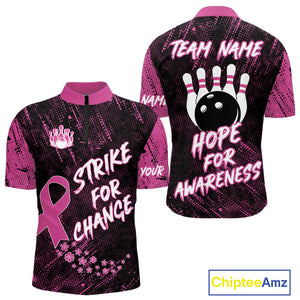 Strike For Change Pink Ribbon Custom Bowling Shirt For Men, Breast Cancer Awareness Bowling Jersey TDM4635