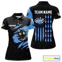 Load image into Gallery viewer, Custom Blue Grunge American Flag Bowling Shirt For Women, Patriotic Bowling Team Jersey Polo, 1/4 Zip TDM4632